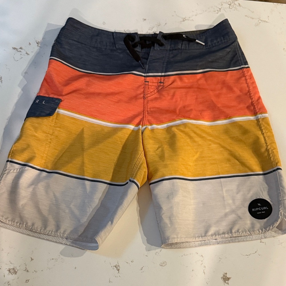 Rip Curl Men's Striped Orange, Yellow, and Gray Board Shorts